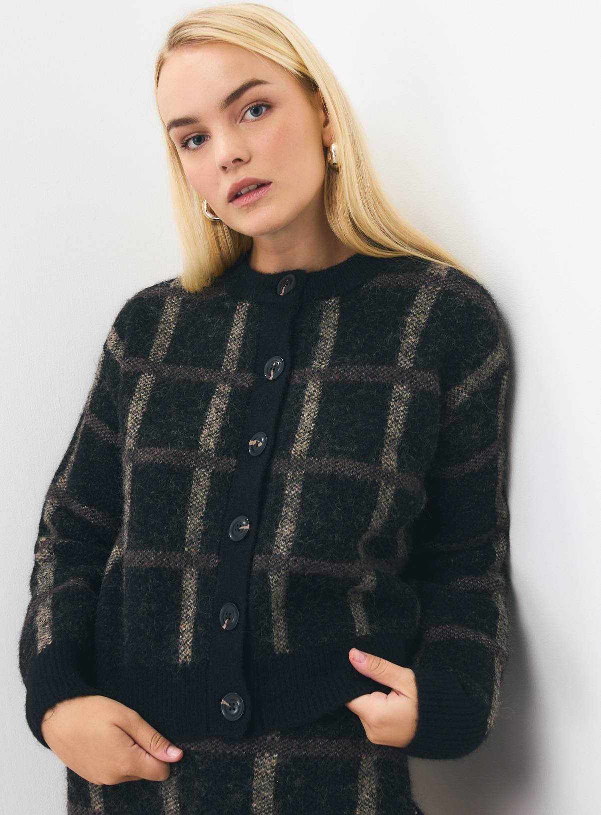 Brushed Check Co-ord Boxy Cardigan S - Image 1